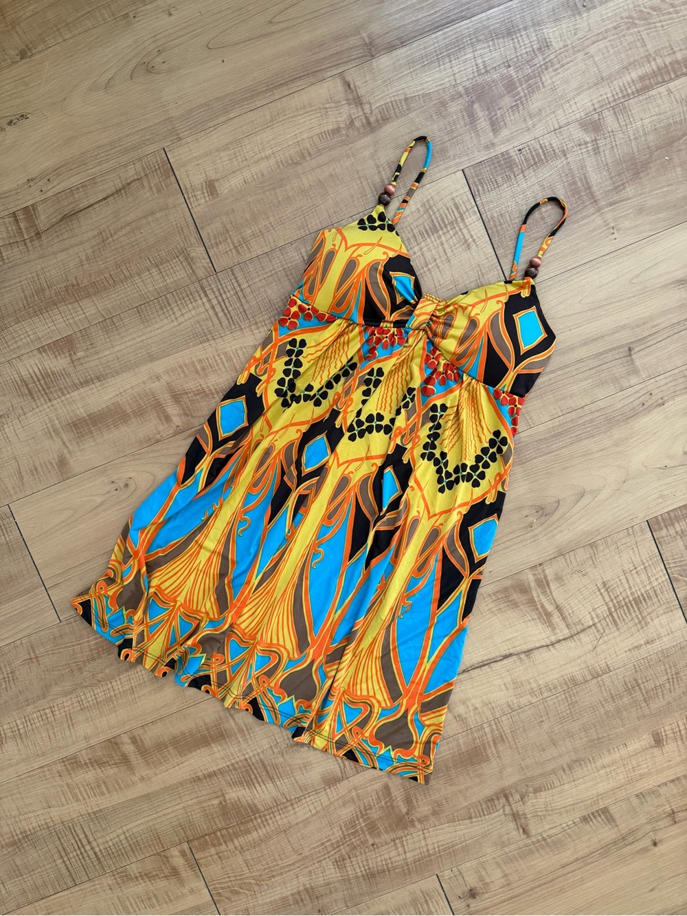 Vintage Custom Tropical Print Spaghetti Strap Wood Beads Mini Dress